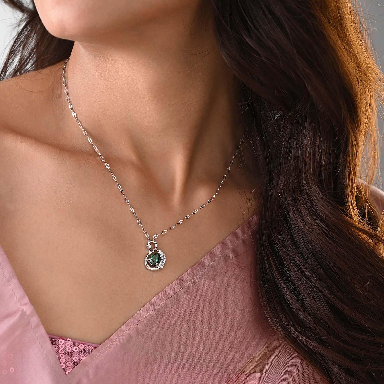 Aabha 925 Silver Green Stone Swan Pendant with Chain