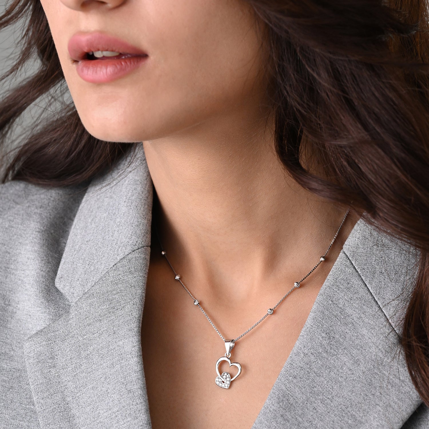 Anaya 925 Silver Double Heart Pendant with Chain