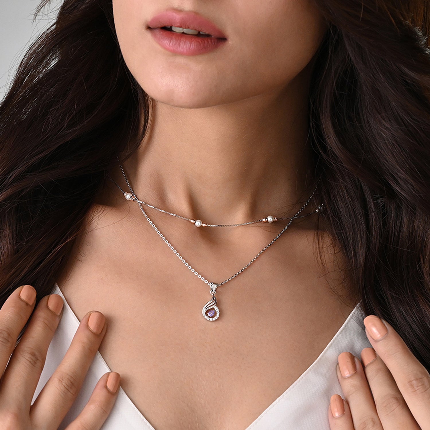 Niharika 925 Silver Purple Stone Wing Pendant with Chain
