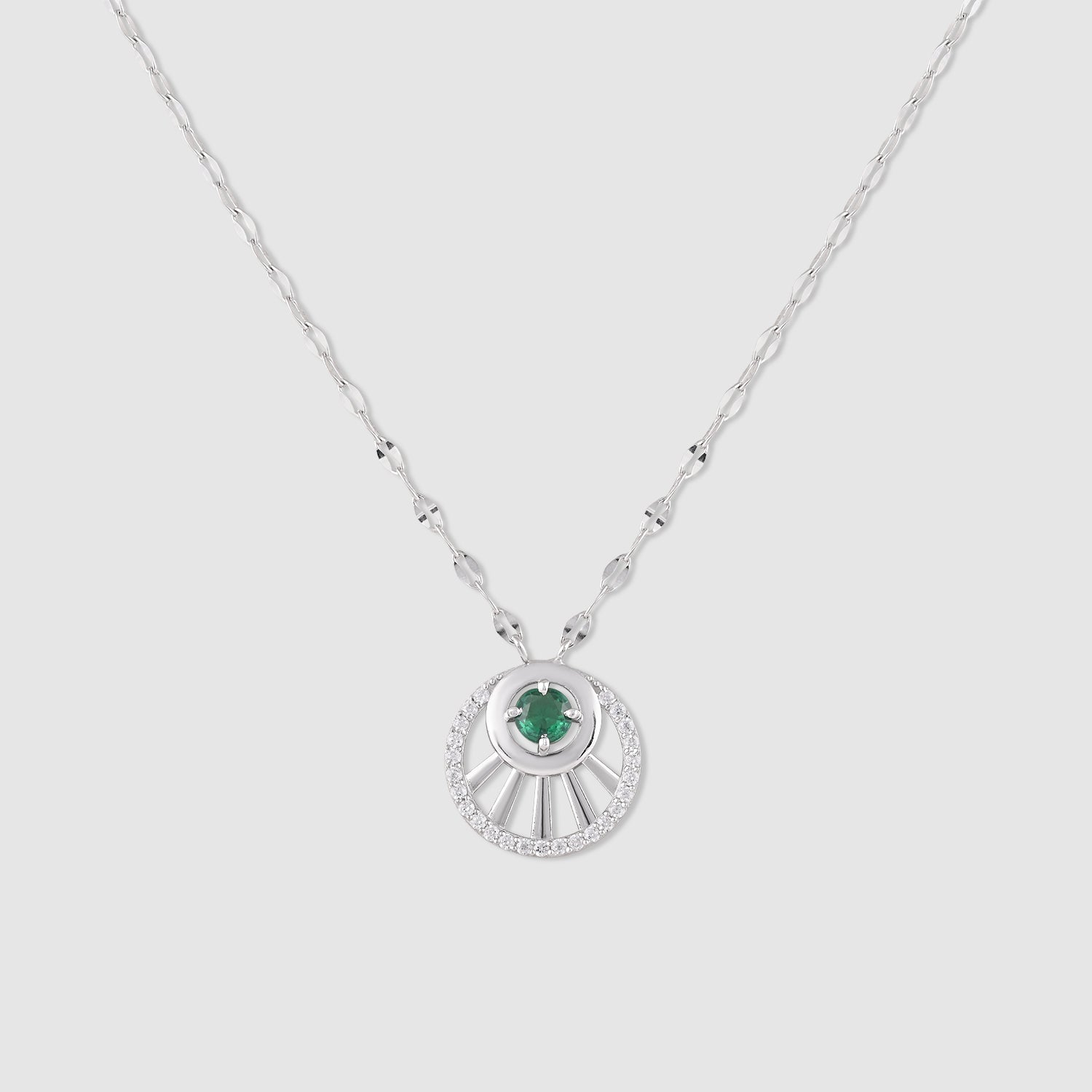 Kiara 925 Silver Green Stone Sunburst Pendant with Chain