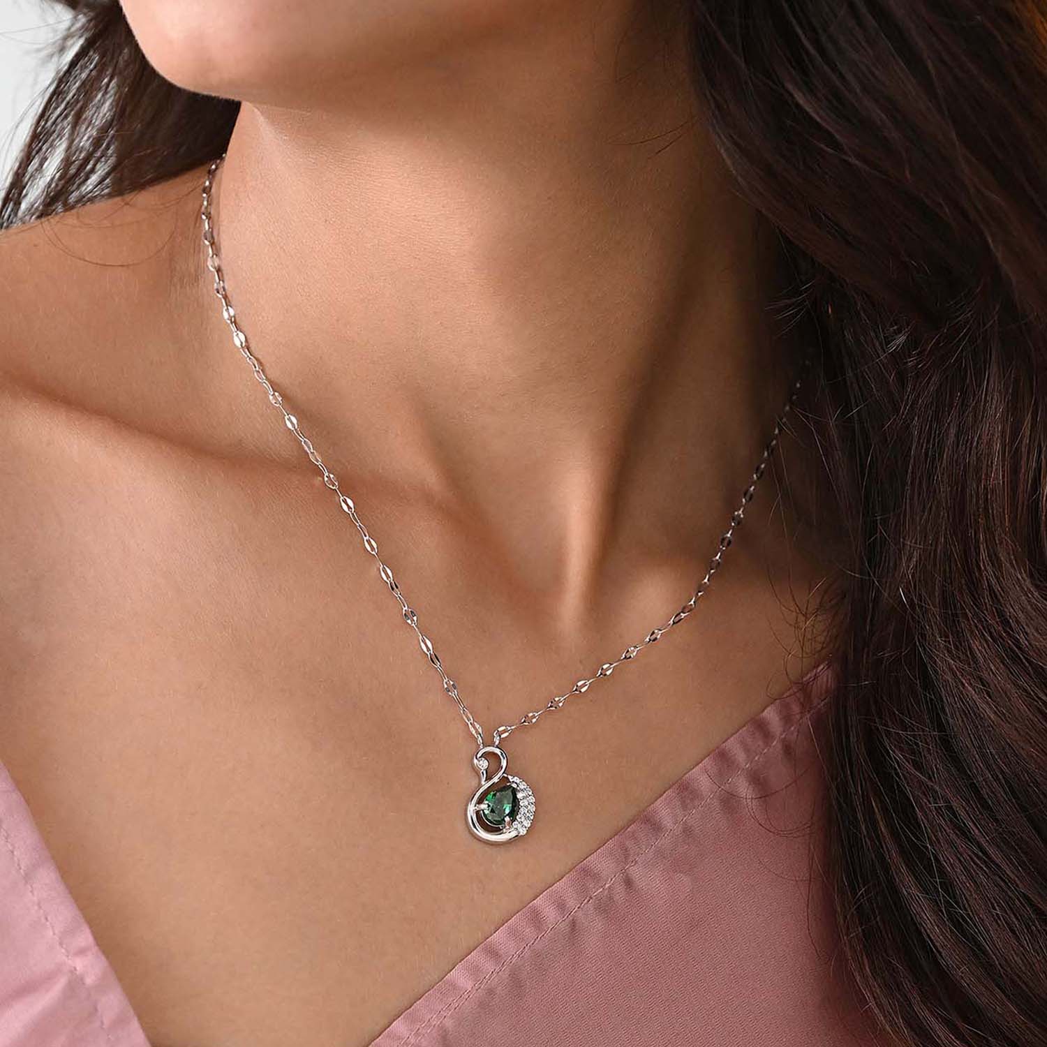 Aabha 925 Silver Green Stone Swan Pendant with Chain