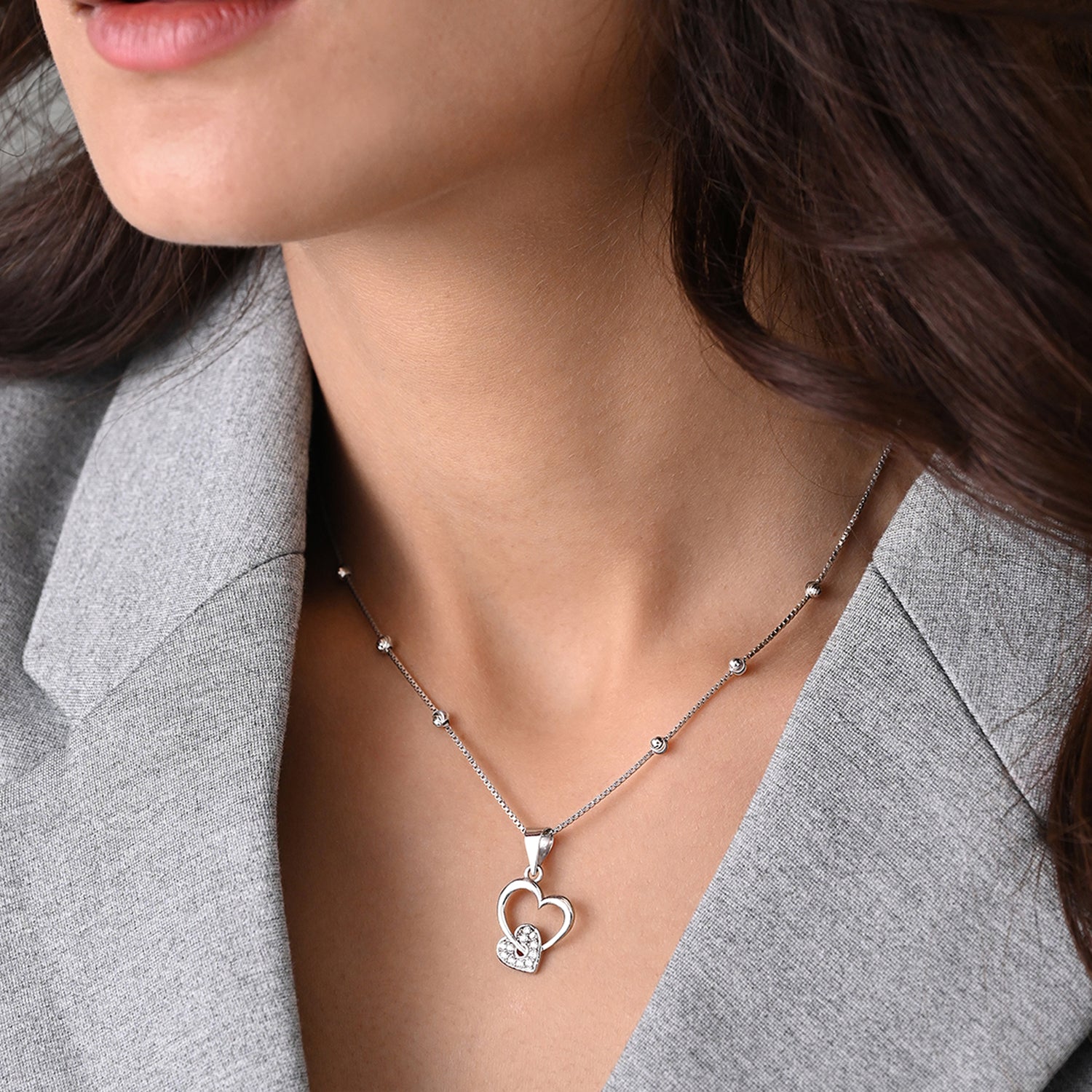 Anaya 925 Silver Double Heart Pendant with Chain