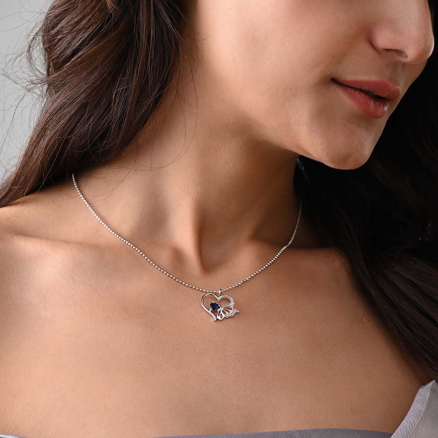 Ehsaas 925 Silver Blue Stone Heart Butterfly Pendant with Chain