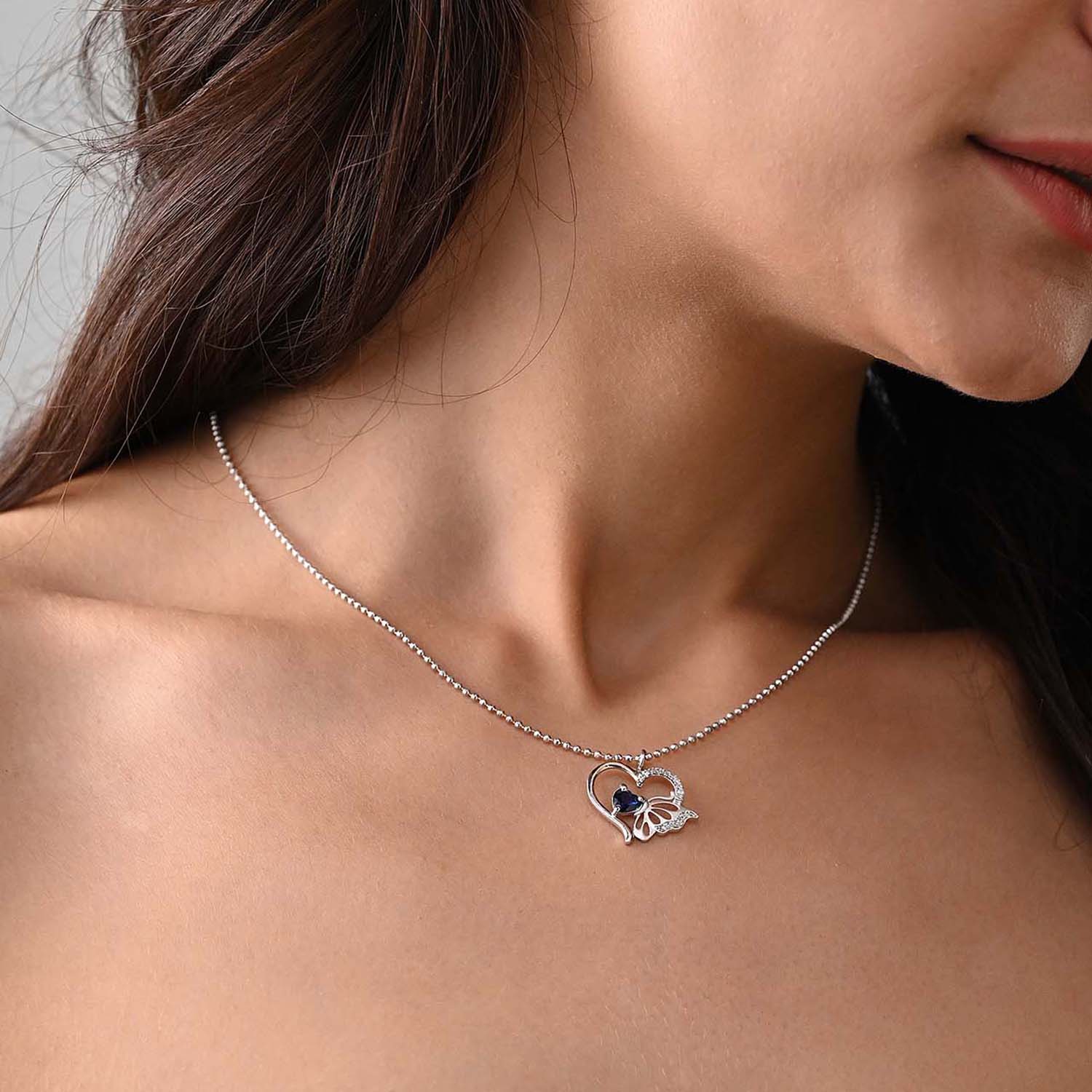 Ehsaas 925 Silver Blue Stone Heart Butterfly Pendant with Chain