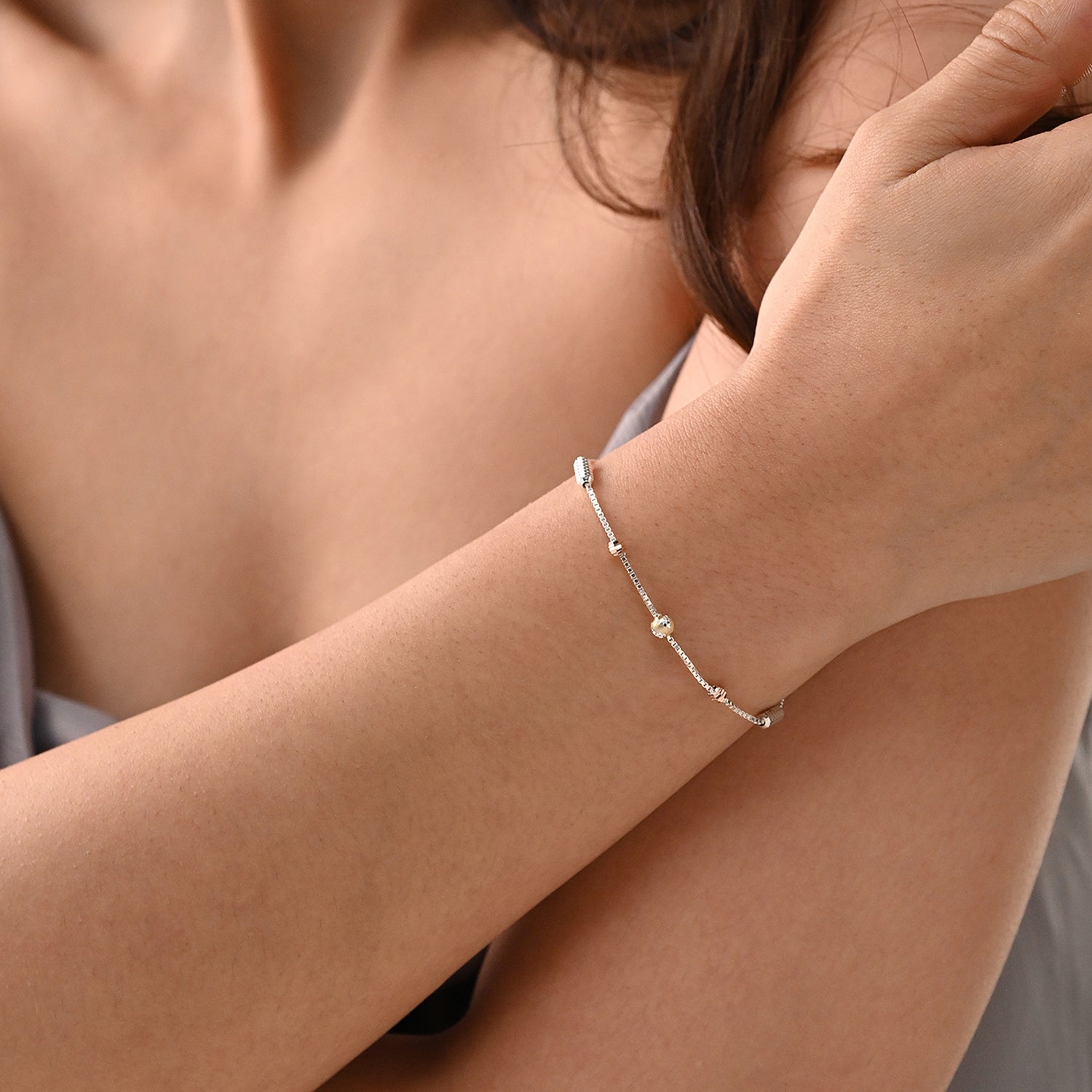 Khoj 925 Silver Tri-Tone Beaded Bracelet