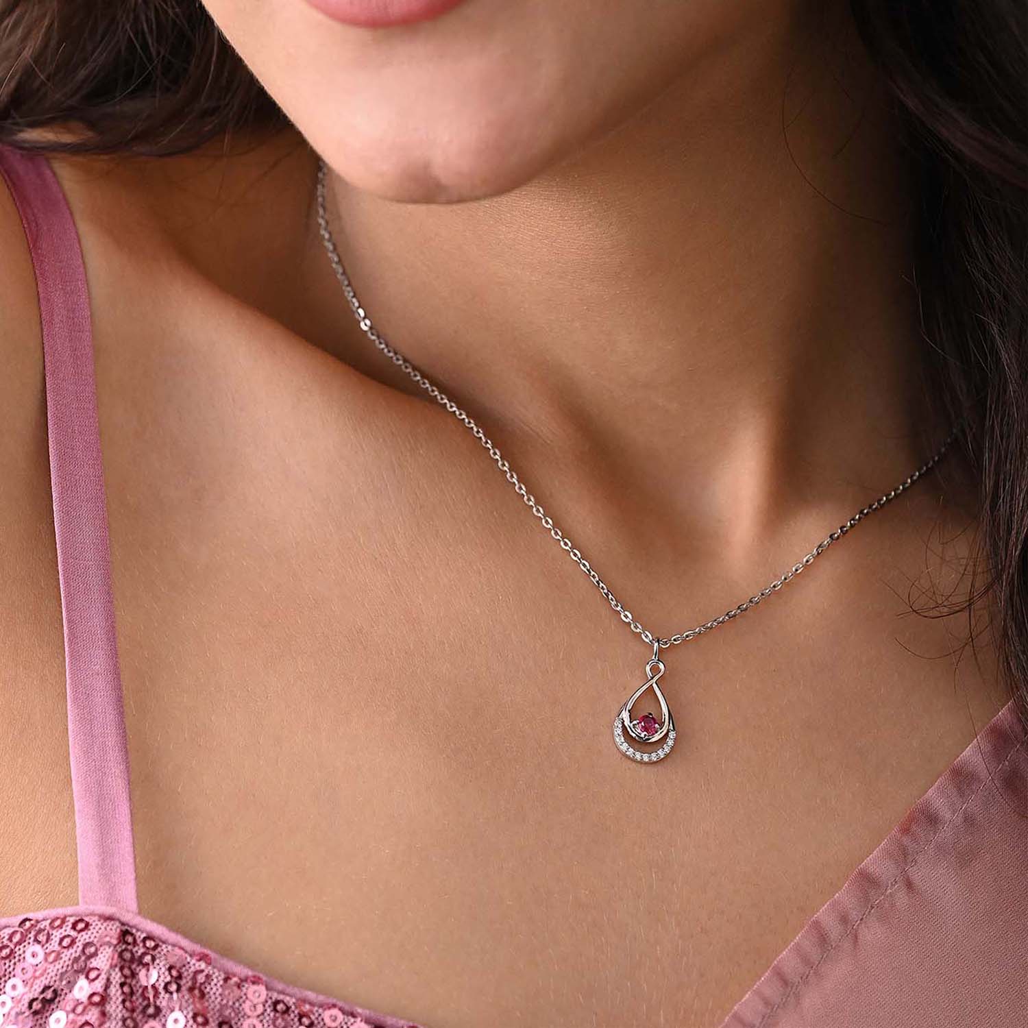 Roshni 925 Silver Pink Stone Drop Pendant with Chain