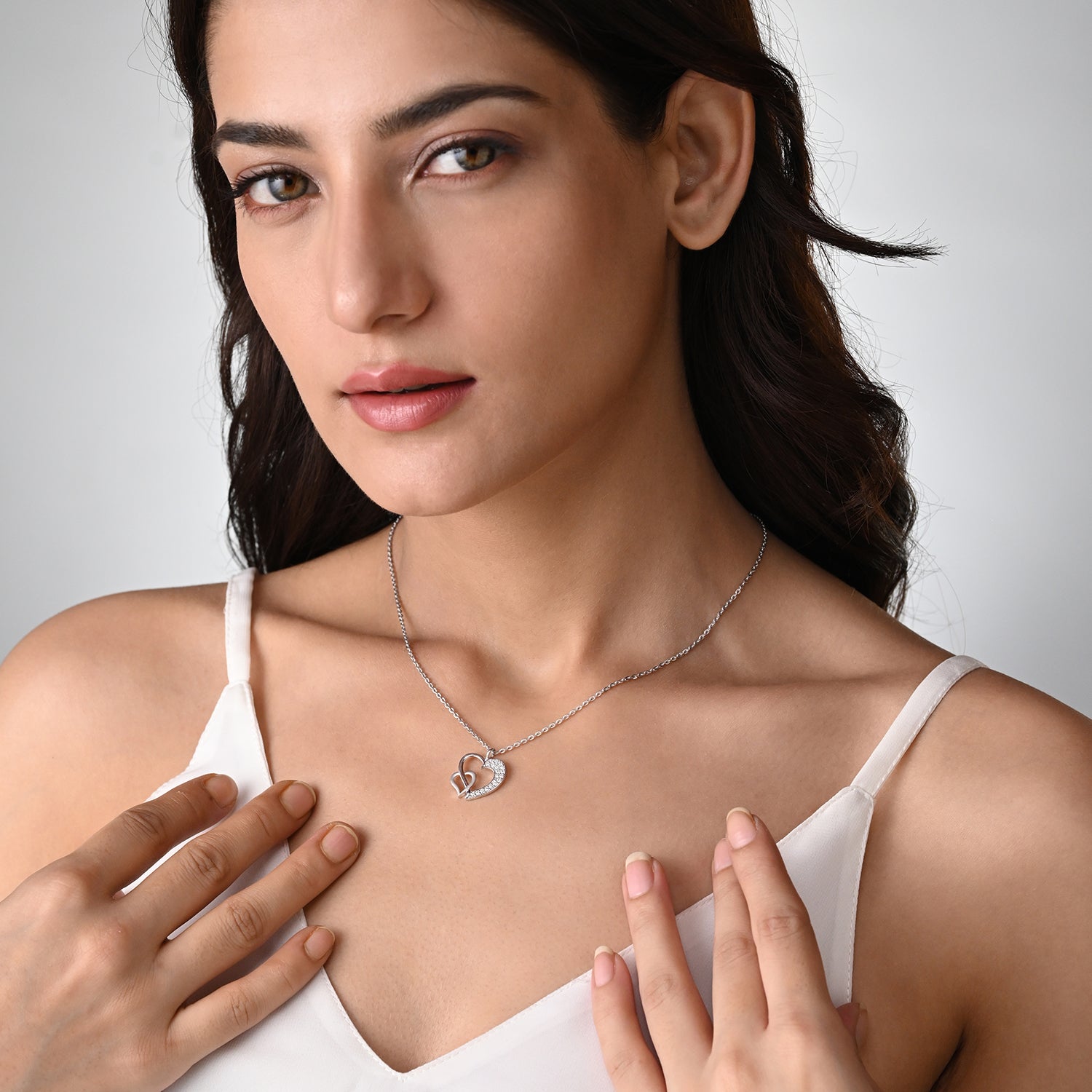 Saira 925 Silver Double Heart Pendant with Chain