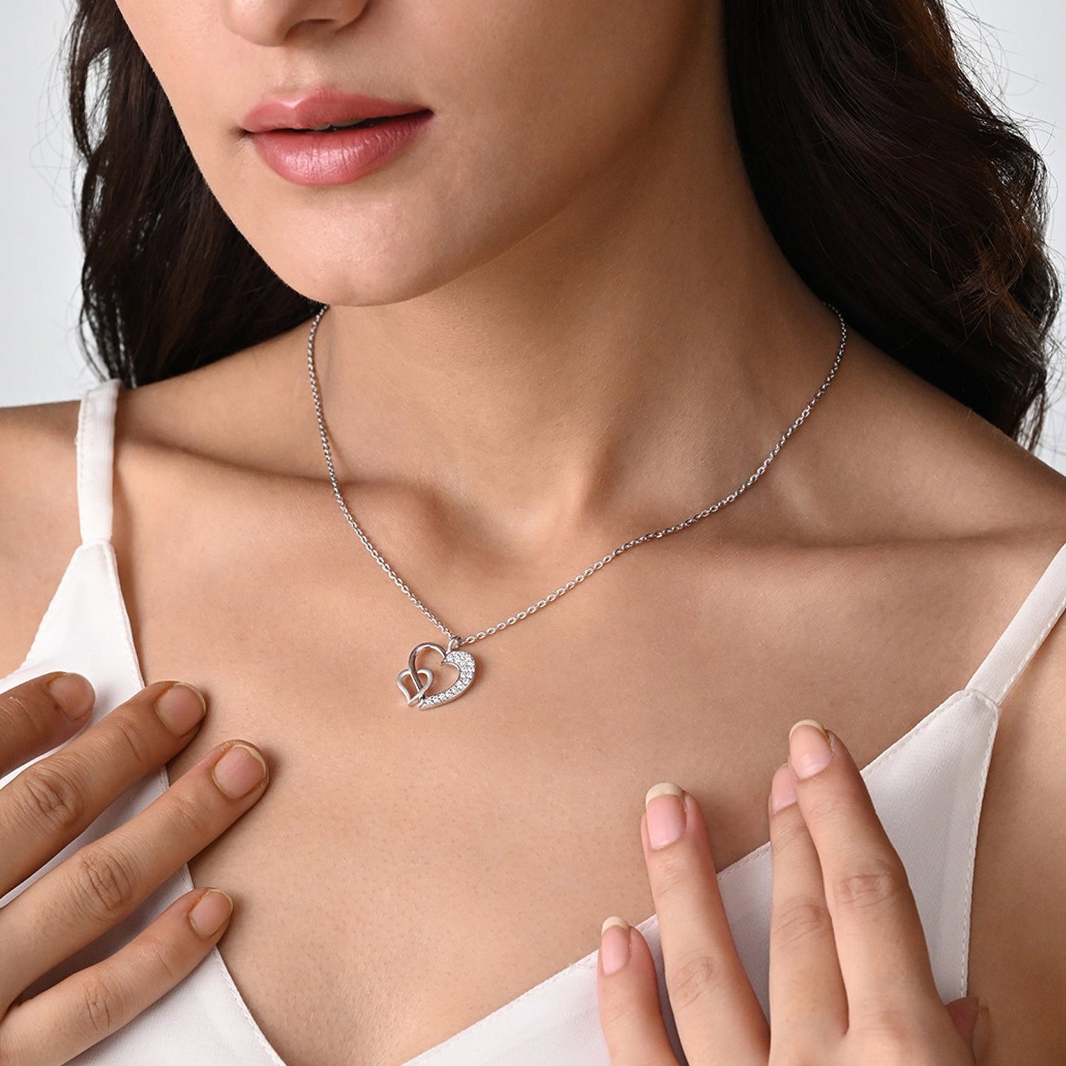 Saira 925 Silver Double Heart Pendant with Chain
