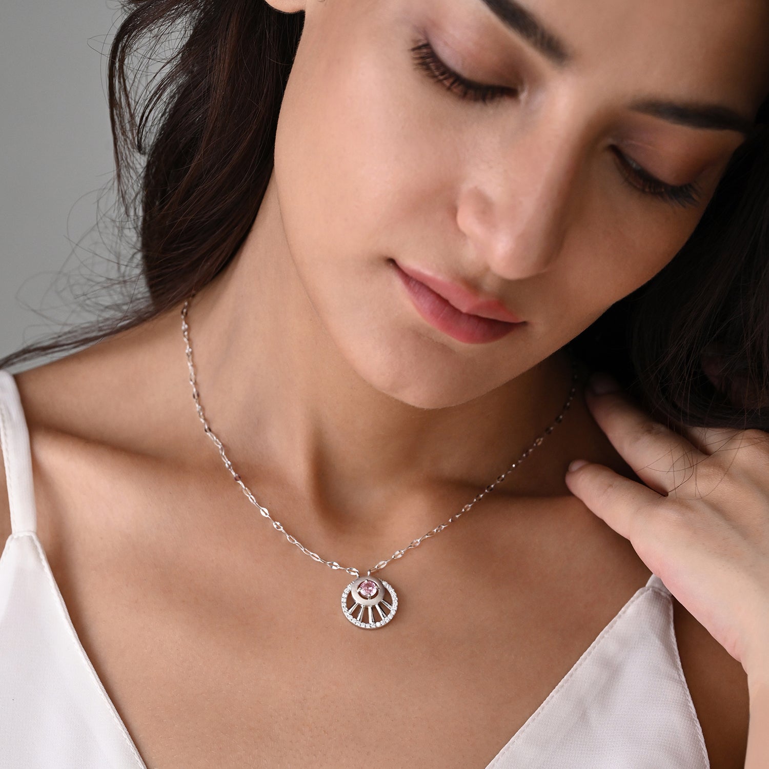 Sitara 925 Silver Pink Stone Sunburst Pendant with Chain