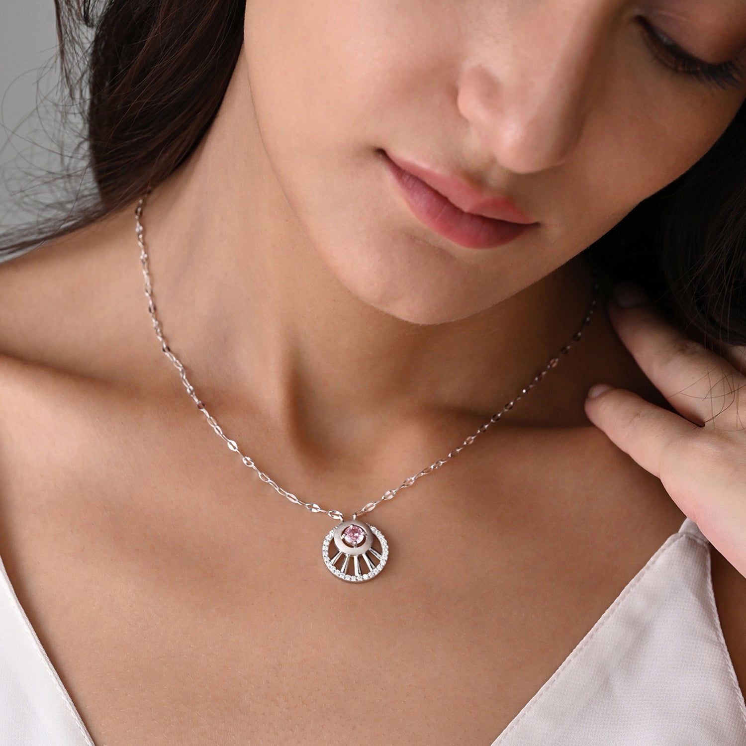 Sitara 925 Silver Pink Stone Sunburst Pendant with Chain
